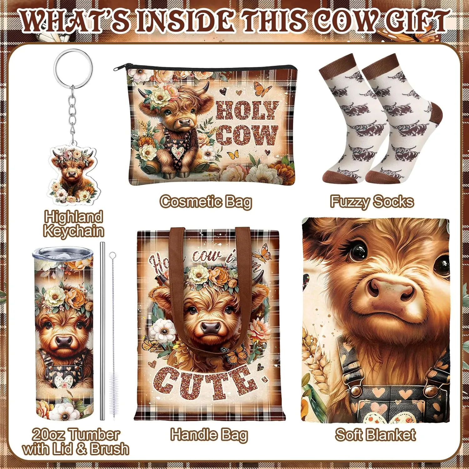 6 Pcs Highland Cow Gifts for Women Include 20 oz Highland Cow Stainless Steel Tumbler with Lid Straw Cosmetic Bag Throw Blanket Keychain Socks Handbag for Highland Cow Lover(Cute)