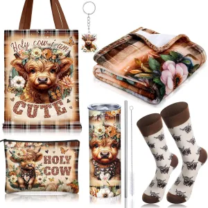 6 Pcs Highland Cow Gifts for Women Include 20 oz Highland Cow Stainless Steel Tumbler with Lid Straw Cosmetic Bag Throw Blanket Keychain Socks Handbag for Highland Cow Lover(Cute)