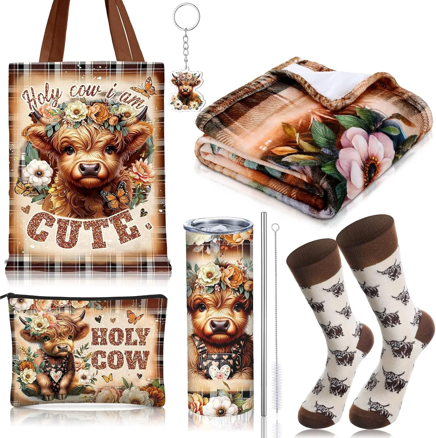 6 Pcs Highland Cow Gifts for Women Include 20 oz Highland Cow Stainless Steel Tumbler with Lid Straw Cosmetic Bag Throw Blanket Keychain Socks Handbag for Highland Cow Lover(Cute)