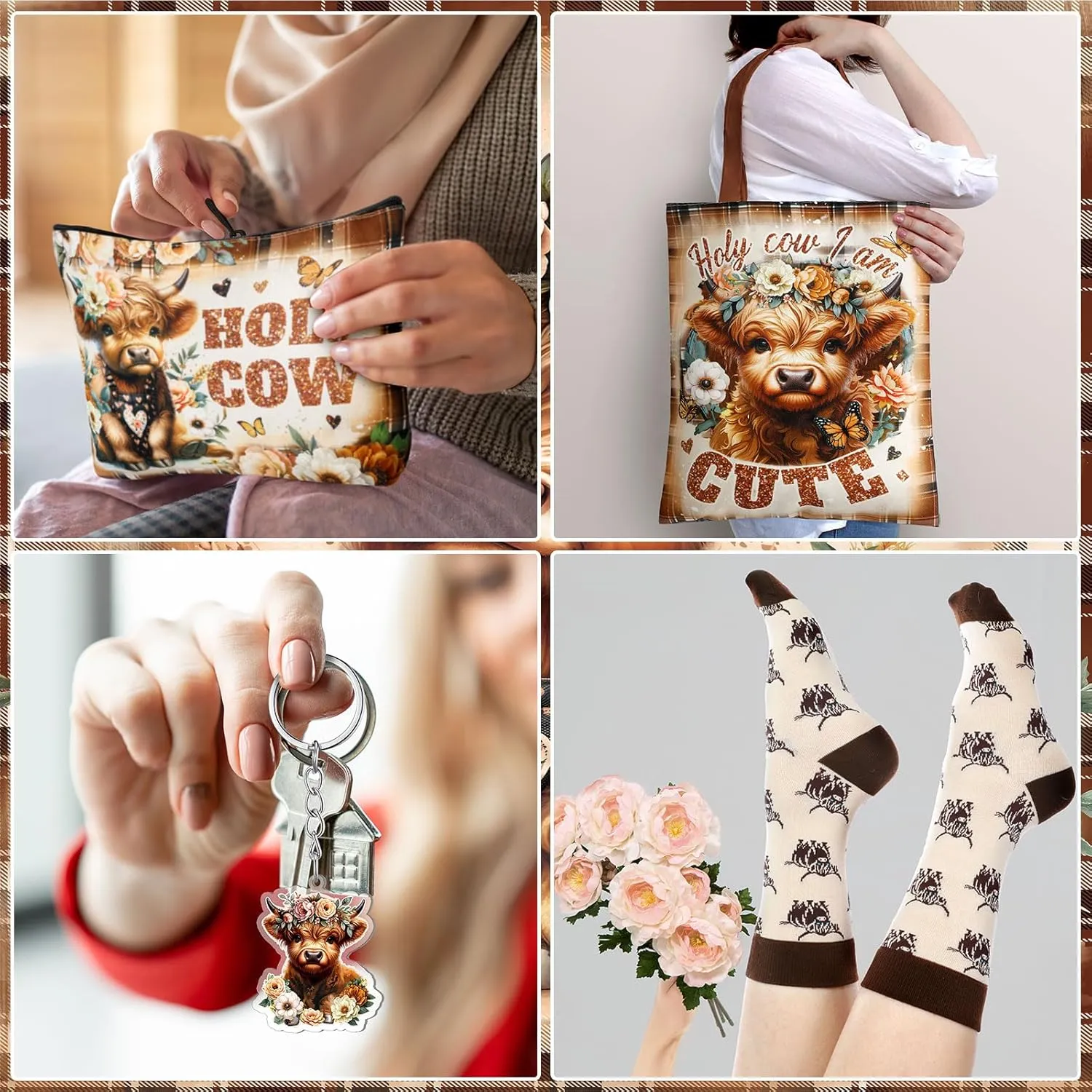 6 Pcs Highland Cow Gifts for Women Include 20 oz Highland Cow Stainless Steel Tumbler with Lid Straw Cosmetic Bag Throw Blanket Keychain Socks Handbag for Highland Cow Lover(Cute)