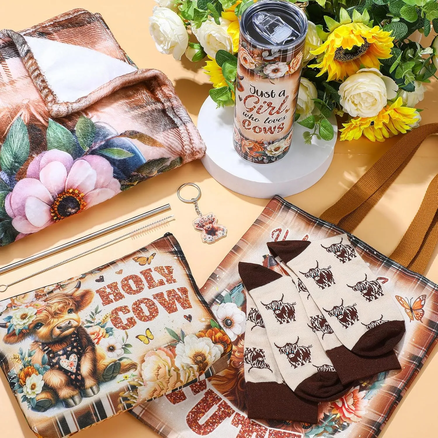 6 Pcs Highland Cow Gifts for Women Include 20 oz Highland Cow Stainless Steel Tumbler with Lid Straw Cosmetic Bag Throw Blanket Keychain Socks Handbag for Highland Cow Lover(Cute)