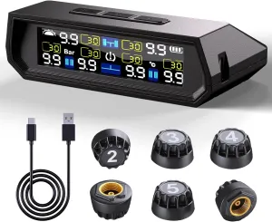 6-Sensor RV Tire Pressure Monitoring System – Real-Time Wireless TPMS with LCD Display, Alarm, 24/7 Safety Monitoring for Trailers, Motorhomes, and Campers