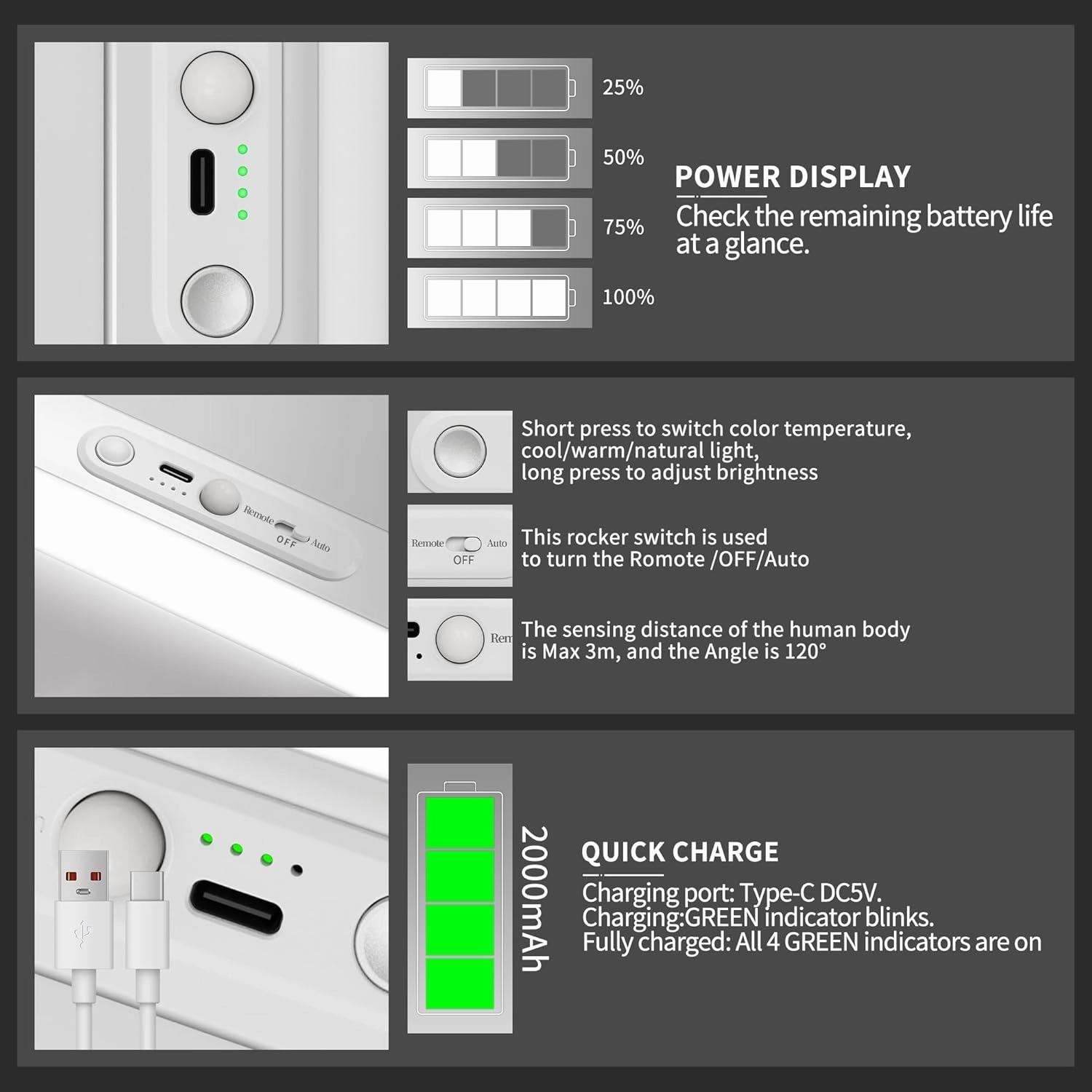 60 LED Under Cabinet Lighting Wireless with Remote and Motion Sensor Indoor,2000 mAh Rechargeable Closet Lights with 3 CCT and Dimmable,Under Counter Light for Kitchen,Stairways(2 Pack,12inch)