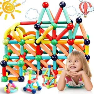 64Pcs Magnetic Building Blocks, Montessori Magnet Toys for Toddlers, STEM Learning Toys for Boys and Girls, Creativity Kids Games, ABS Material, Non-Toxic, Ages 3 , MGB-64