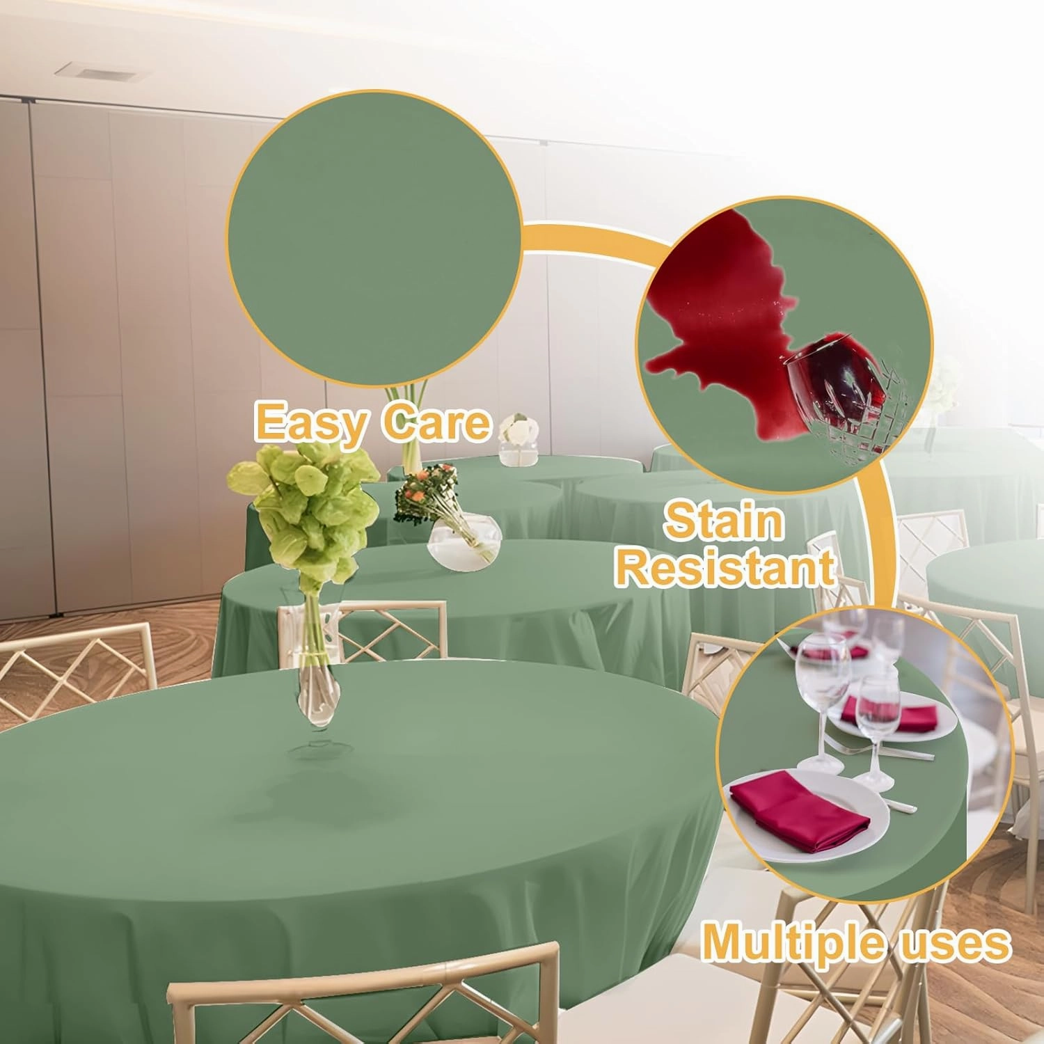 6 Pack 70 In Round Sage Green Tablecloths - Reusable Polyester Table Covers – Protect from Spills (Not Waterproof) – for Weddings, Banquets, Parties – Ships Folded, Wrinkles Likely, Steam Before Use