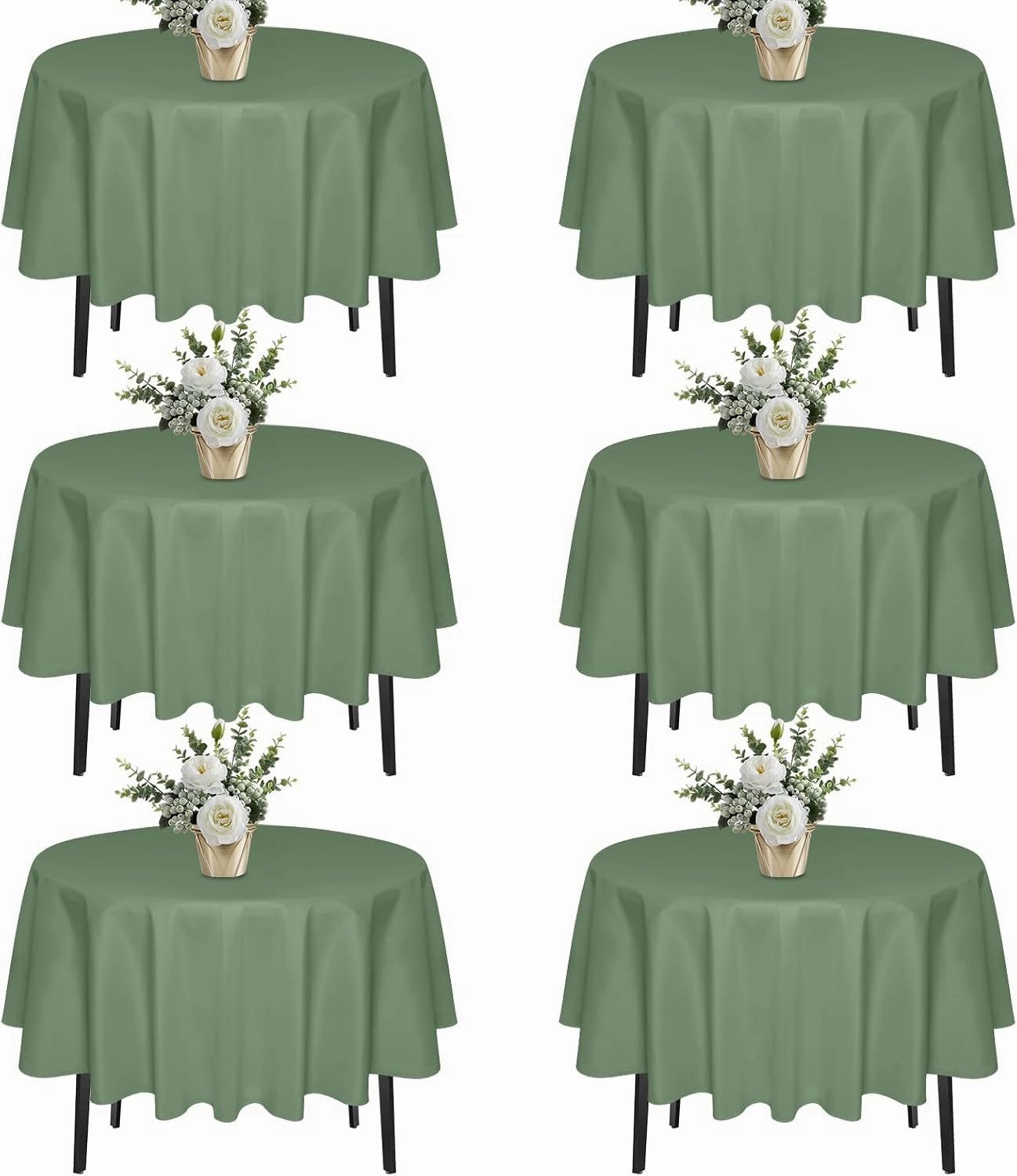 6 Pack 70 In Round Sage Green Tablecloths - Reusable Polyester Table Covers – Protect from Spills (Not Waterproof) – for Weddings, Banquets, Parties – Ships Folded, Wrinkles Likely, Steam Before Use