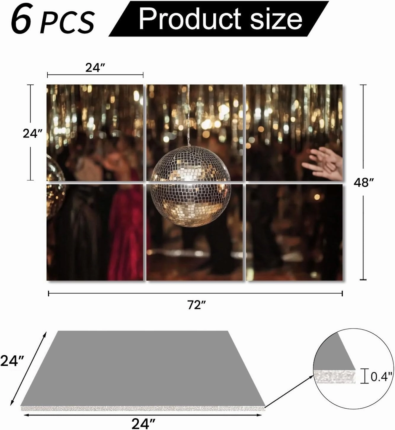 6 Pack Art Acoustic Panels close up shot disco ball garland black Self-Adhesive Acoustic Wall Panels Sound Absorbing Panel Wall Decore for Recording Studio, Office, Moms
