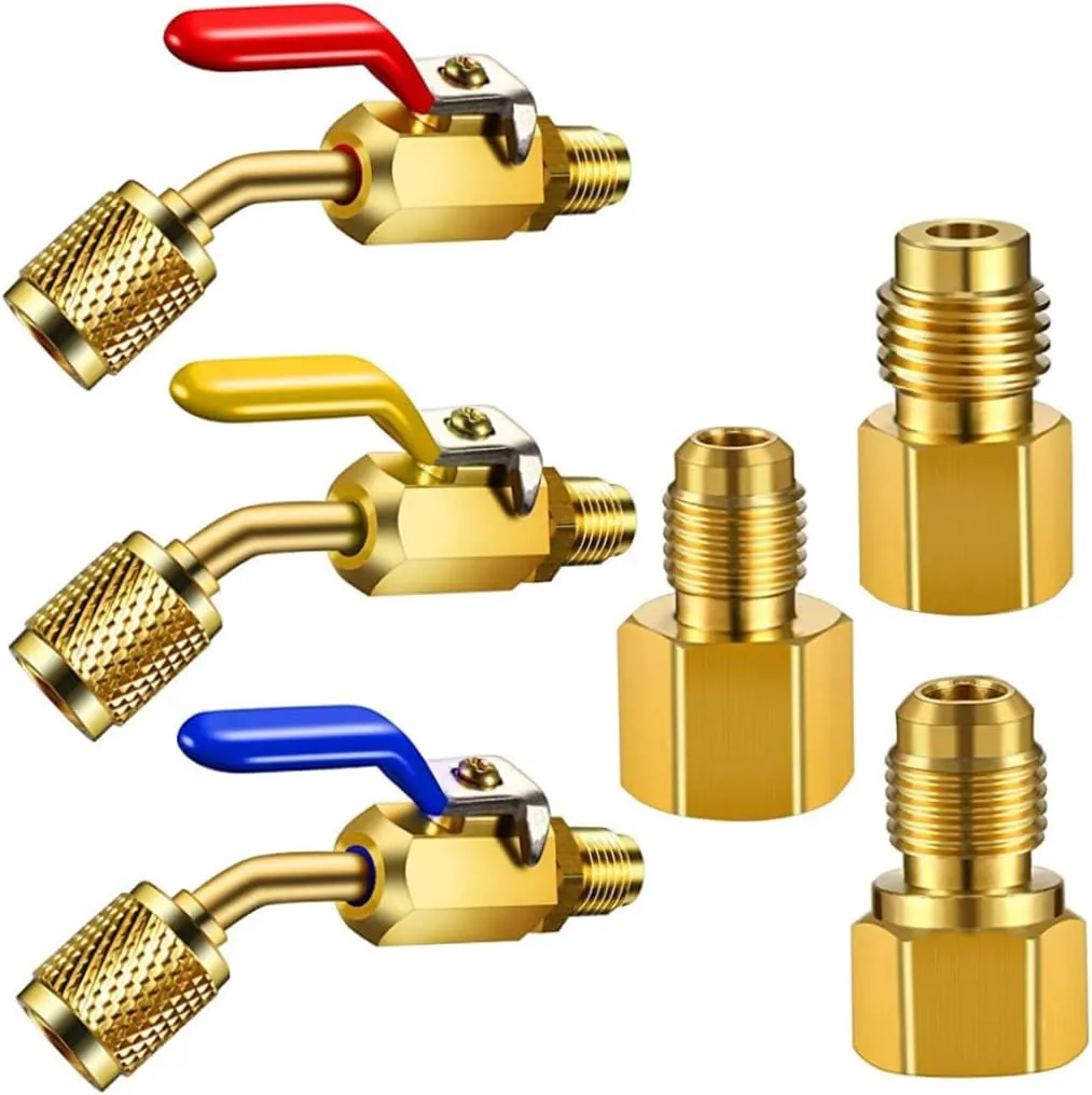 6pcs Air Conditioning Refrigerant Angled Compact Ball Valve 1/4 Inch for R410A R134A R12 R22 AC HVAC Refrigerant Tank Adapter 6014 Vacuum Adapter