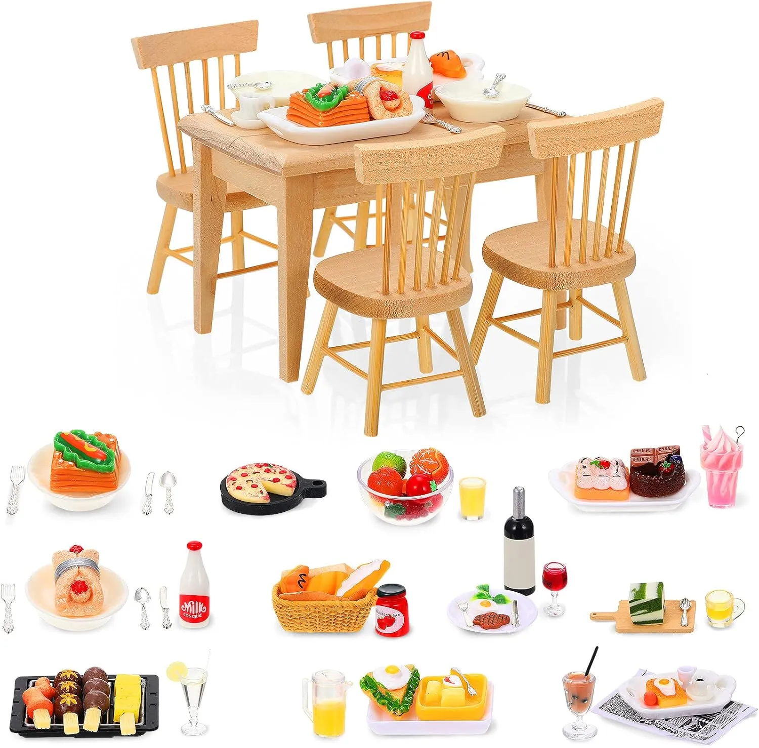 74 Pcs 1:12 Scale Dollhouse Miniature Food with Wooden Dollhouse Furniture of Table and Chair, Dollhouse Kitchen Accessories Sets Include Mini Milk Juice Knife Fork Spoon Dessert Cake BBQ