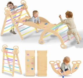 7in1 Pikler Triangle Set, Climbing Toys for Toddlers, Indoor Foldable Wooden Montessori Climbing Set with Arch&Ramp&Ladder, Indoor Playground Baby Jungle Gym for Kids 2-6 - Rainbow