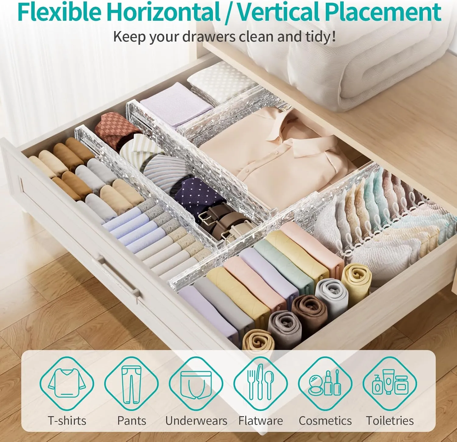 8 Pack Drawer Dividers Organizer, Adjustable 3.2" High Expandable from 11.8-20" Kitchen Stackable Drawer Organizer, Clear Plastic Drawers Separators, Kitchen and Office Storage