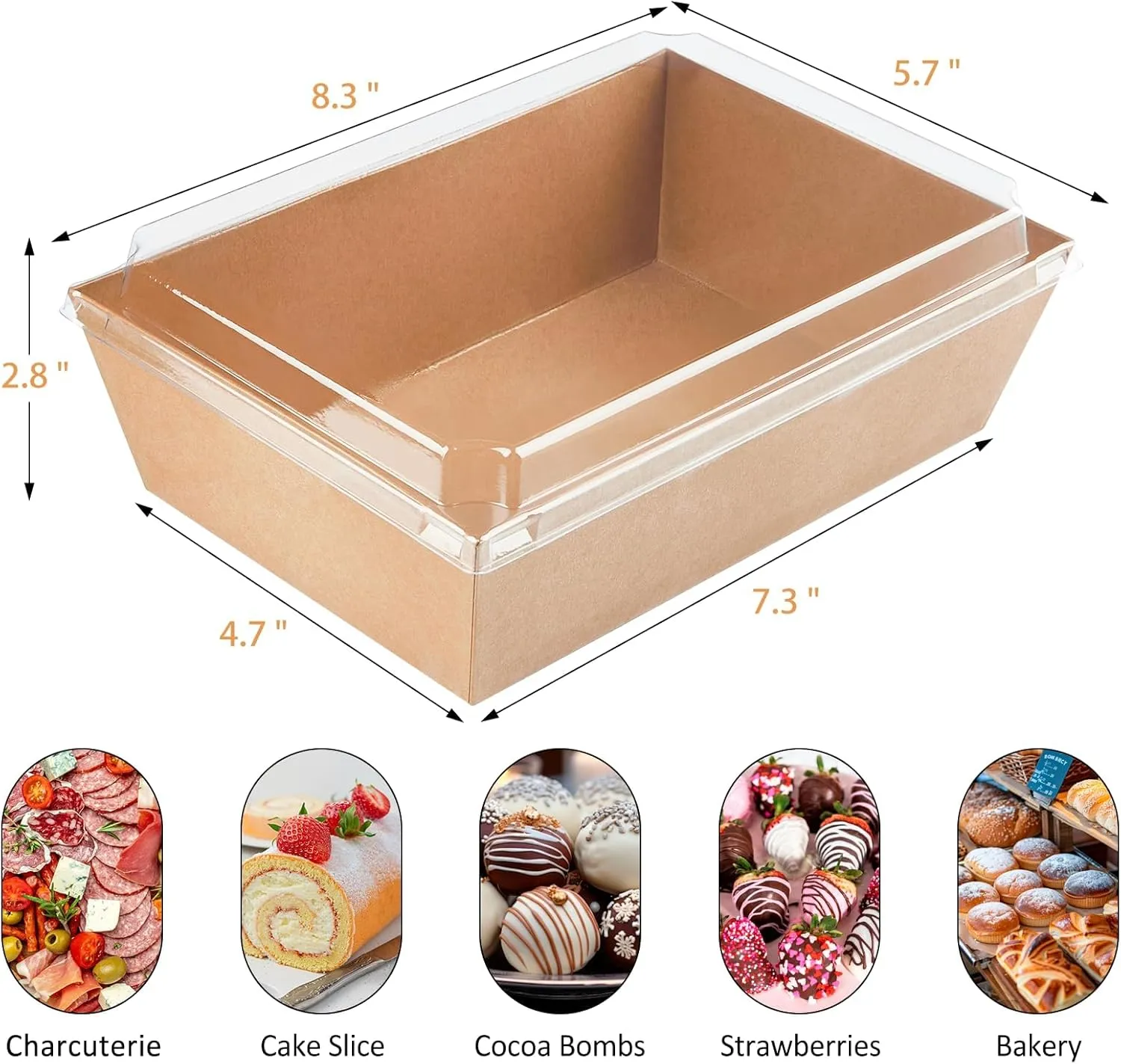 8 x 6 Inch Paper Charcuterie Boxes with Clear Lids, 40 Pack Large Disposable Kraft Bakery Boxes, To Go Food Containers for Cake Slice, Cupcakes, Sandwiches, Cookies, Cocoa Bombs, Salads (Brown)