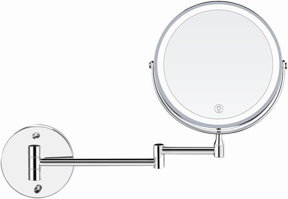 8-Inch Dual-Sided Wall-Mounted Makeup Mirror with 10X Magnification, Touch Control, Adjustable LED Lighting (White/Warm/Natural Light), USB Rechargeable for Vanity, Bathroom, or Travel