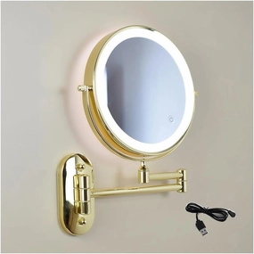 8 Inch Rechargeable Wall-Mounted Lighted Makeup Vanity Mirror Dual-Sided 1X/5X Magnified Bathroom Mirror, 3-Color Lighting, Touch Screen Dimming, 360° Rotating Retractable (Size:3X,Color:Gold)