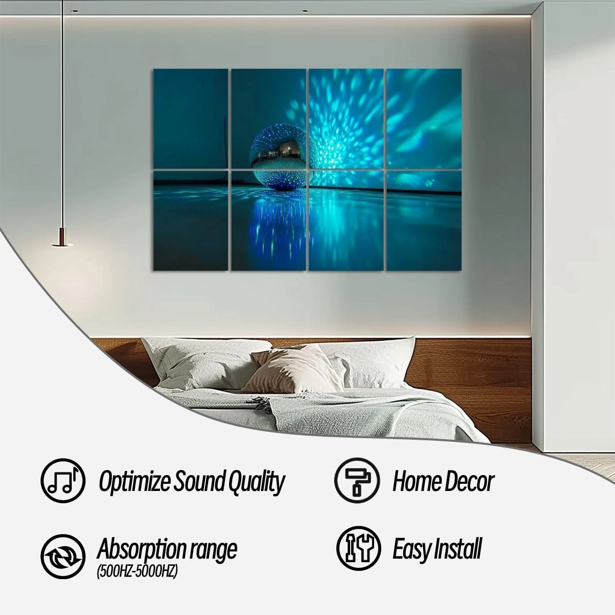 8 Pack Art Acoustic Panels Disco ball reflecting blue green light dark hall for discos Disco Self-Adhesive Acoustic Wall Panels Sound Absorbing Panel Wall Decore for Recording Studio, Office, Moms