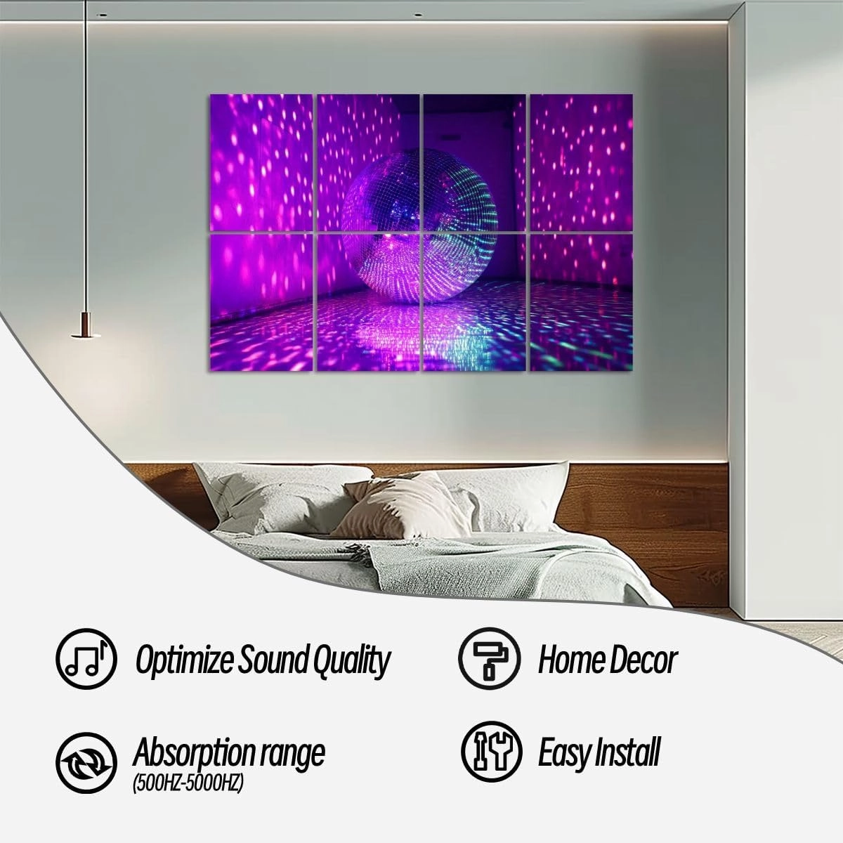 8 Pack Art Acoustic Panels Disco ball reflecting violet light dark hall for discos Self-Adhesive Acoustic Wall Panels Sound Absorbing Panel Wall Decore for Recording Studio, Office, Moms