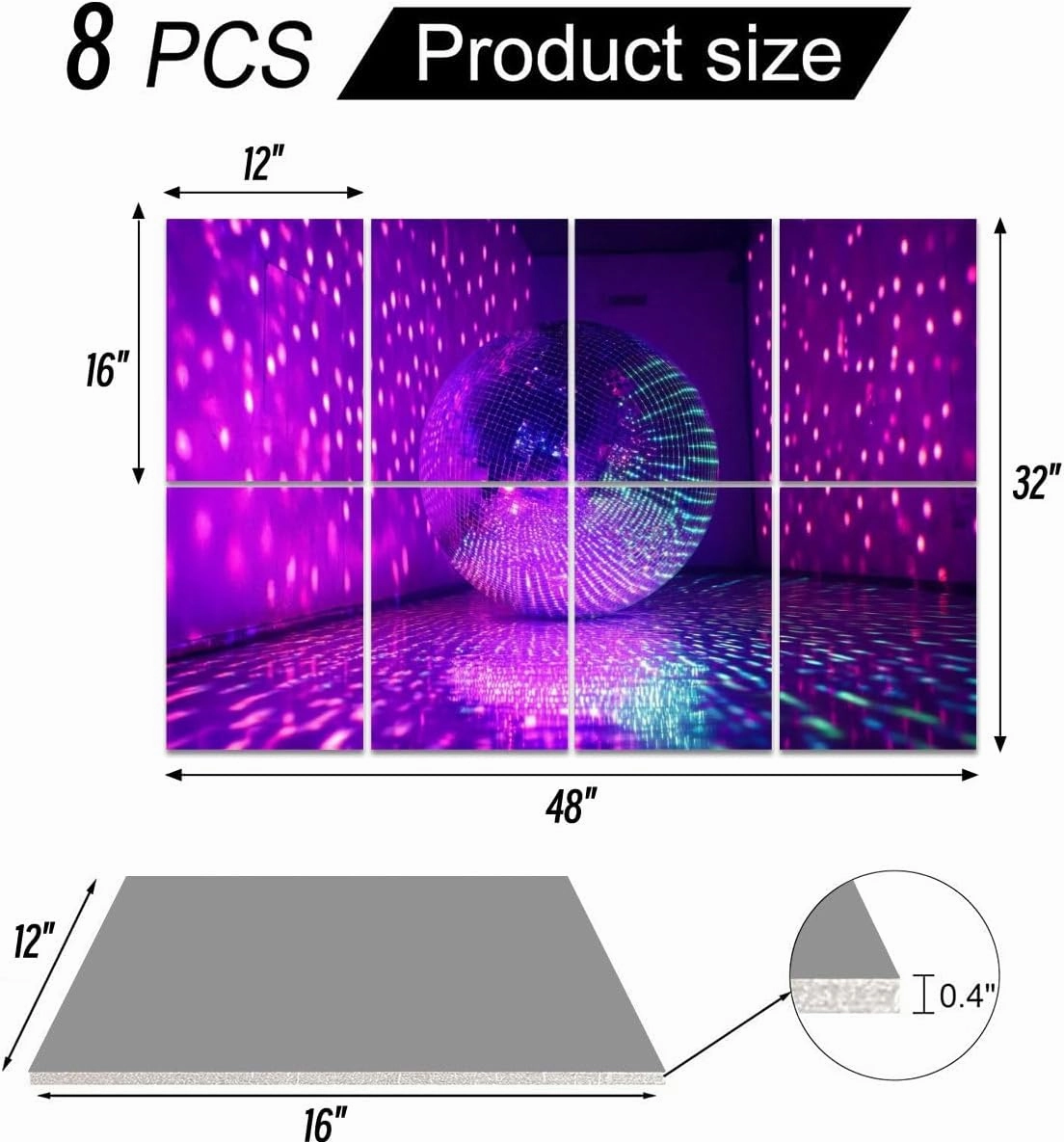 8 Pack Art Acoustic Panels Disco ball reflecting violet light dark hall for discos Self-Adhesive Acoustic Wall Panels Sound Absorbing Panel Wall Decore for Recording Studio, Office, Moms