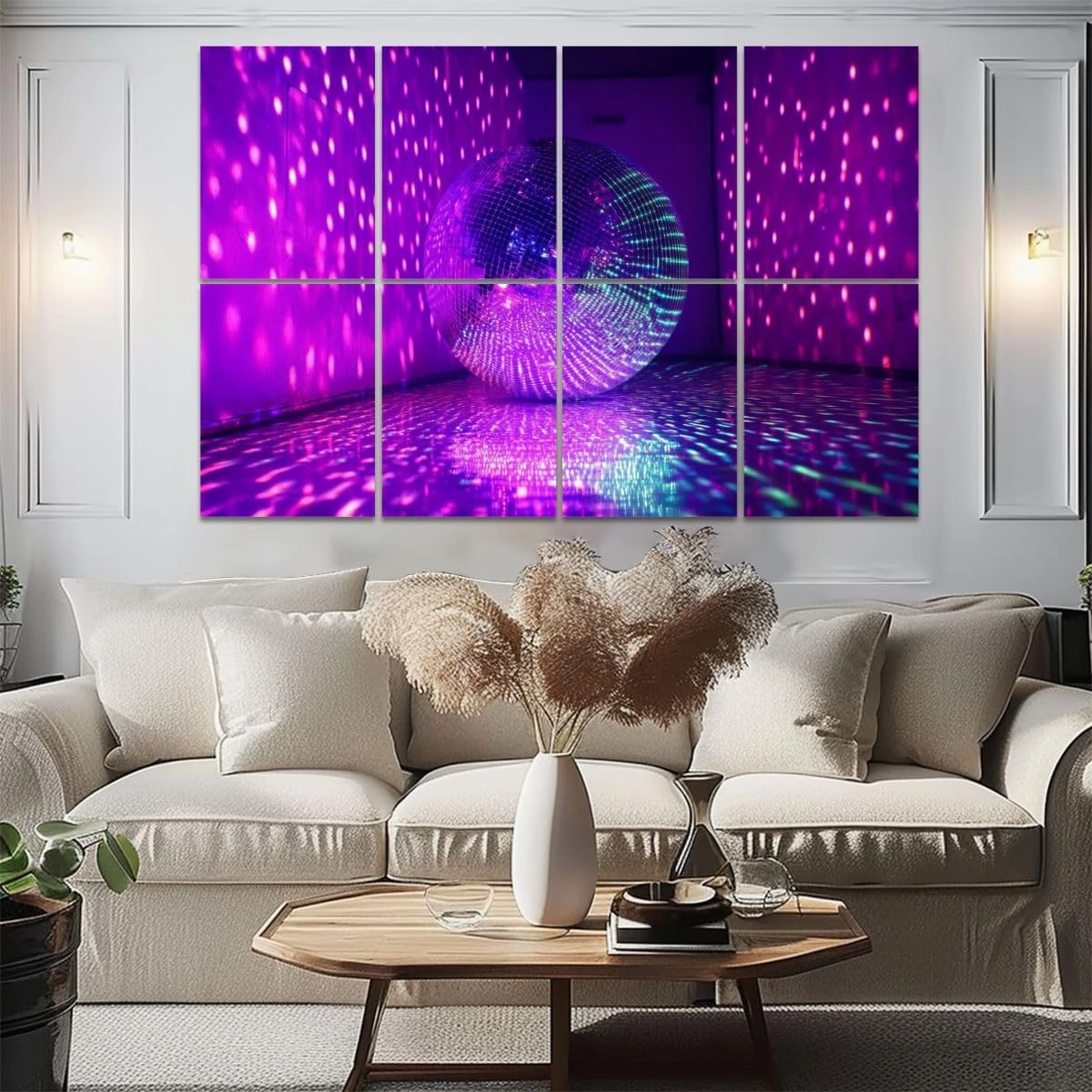 8 Pack Art Acoustic Panels Disco ball reflecting violet light dark hall for discos Self-Adhesive Acoustic Wall Panels Sound Absorbing Panel Wall Decore for Recording Studio, Office, Moms