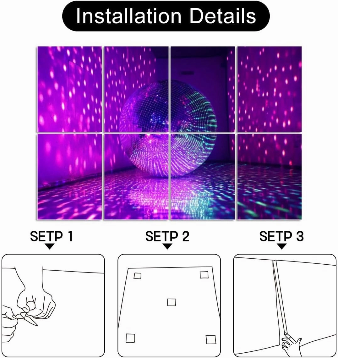 8 Pack Art Acoustic Panels Disco ball reflecting violet light dark hall for discos Self-Adhesive Acoustic Wall Panels Sound Absorbing Panel Wall Decore for Recording Studio, Office, Moms