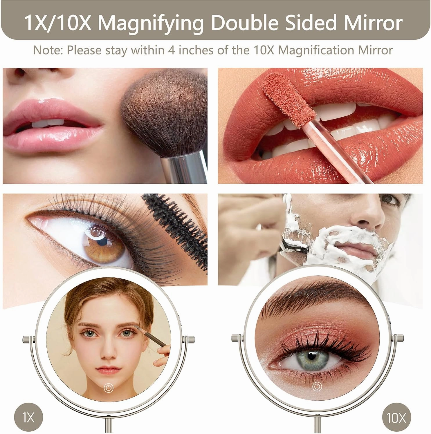 8" Lighted Makeup Mirror, 1X/10X Magnification Mirror with Light, Double Sided Dimmable Mirror, Rechargeable & Brightness & Height Adjustable, Cordless Vanity Mirror(Brushed Nickel)