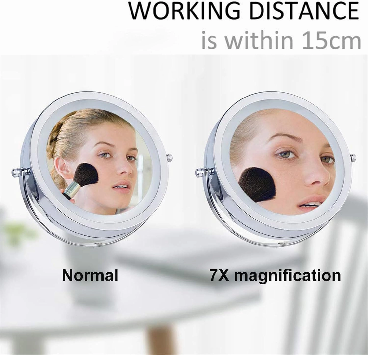 8" Rechargeable Tabletop Lighted Makeup Vanity Mirror with 3 Light Colors, Dimmable Double-Sided Magnification LED Cosmetic Mirror, 360° Rotation Adjustable Standing Shaving Mirror,Black,7X