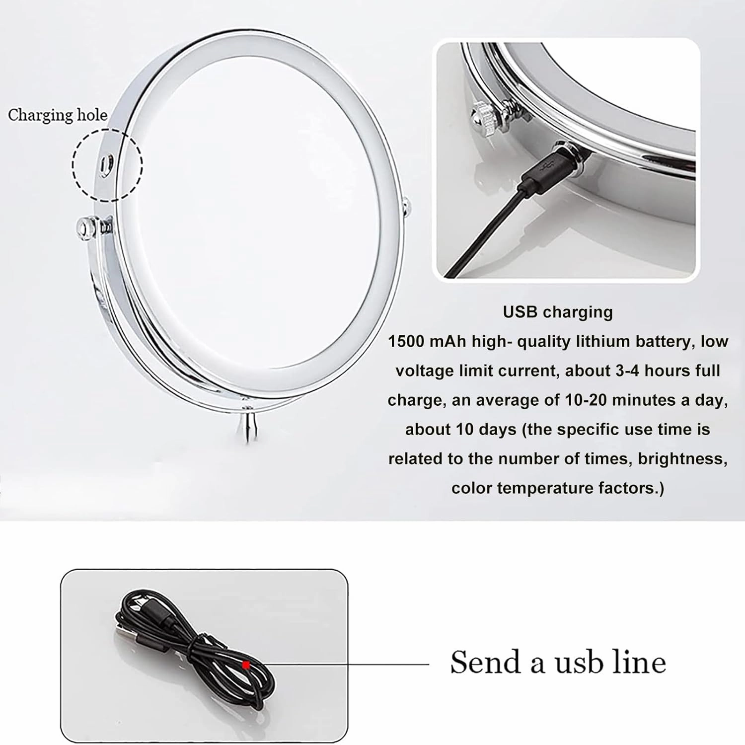 8" Rechargeable Tabletop Lighted Makeup Vanity Mirror with 3 Light Colors, Dimmable Double-Sided Magnification LED Cosmetic Mirror, 360° Rotation Adjustable Standing Shaving Mirror,Black,7X