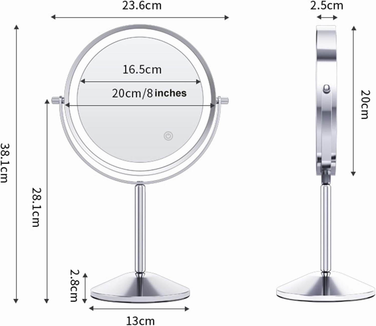 8" Rechargeable Tabletop Lighted Makeup Vanity Mirror with 3 Light Colors, Dimmable Double-Sided Magnification LED Cosmetic Mirror, 360° Rotation Adjustable Standing Shaving Mirror,Black,7X