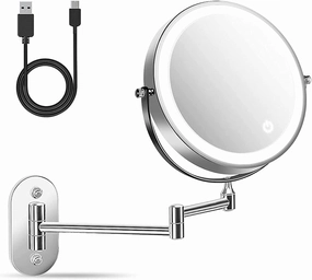 8" Wall Mounted Lighted Vanity Mirror 1X/10X Magnifying Makeup Mirror, Double Sided Dimmable Screen Touch Bathroom Shaving Mirror with 3 Color Lights, 360 Degree, USB Charging