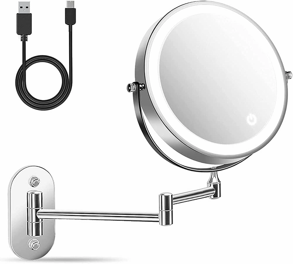 8" Wall Mounted Lighted Vanity Mirror 1X/10X Magnifying Makeup Mirror, Double Sided Dimmable Screen Touch Bathroom Shaving Mirror with 3 Color Lights, 360 Degree, USB Charging