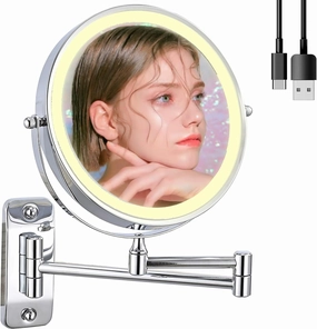 8“ Wall Mounted Rechargeable Lighted Makeup Mirror, 1X/10X Magnifying, 360° Rotation, 3 Color LED Lighting, Touch Screen Dimming, Extended Arm, Chrome Bathroom Mirror