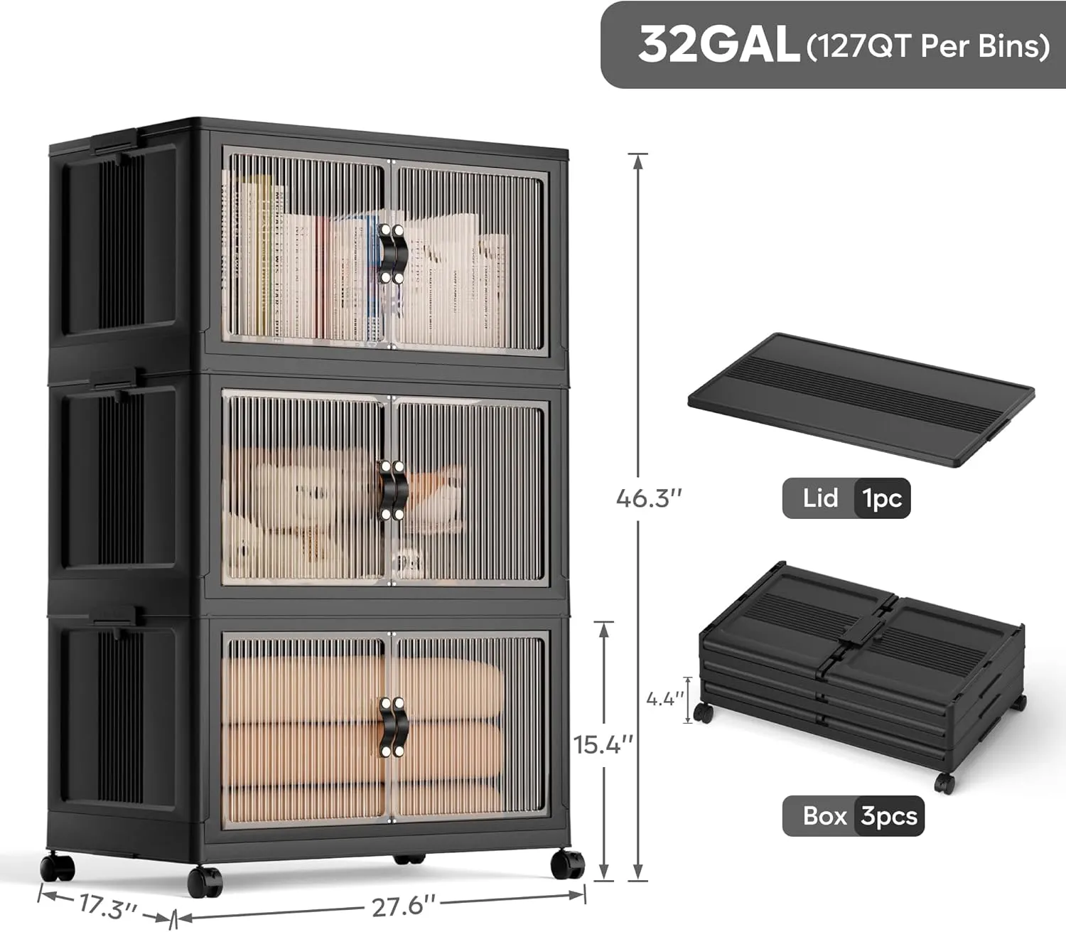 90Gal Large Storage Bins with lids, 360QT Plastic Stackable Storage Containers with Wheels, Collapsible Closet Organizer and Storage Drawers,Clothes Organization for Cabinet Home, 3Pack Black