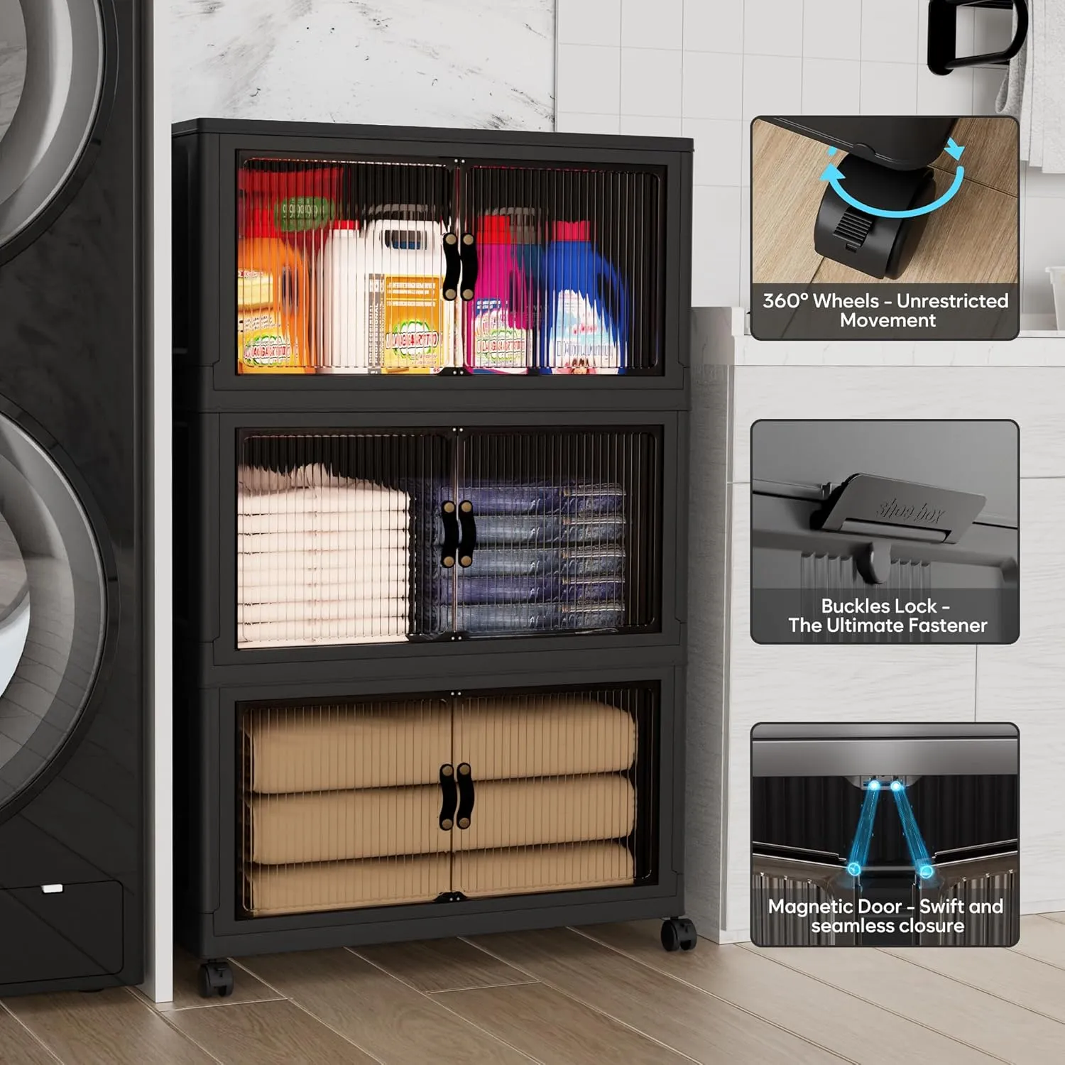 90Gal Large Storage Bins with lids, 360QT Plastic Stackable Storage Containers with Wheels, Collapsible Closet Organizer and Storage Drawers,Clothes Organization for Cabinet Home, 3Pack Black