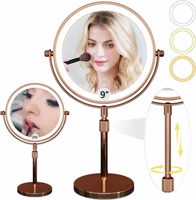 9in Makeup Mirror with Lights, 1x/20x 5000mAh Rechargeable Lighted Makeup Mirror with Magnification, 360° Rotate Magnifying Mirror with 3 Color, Dimmable up to 3800lux with 60 LEDs, Women Gift