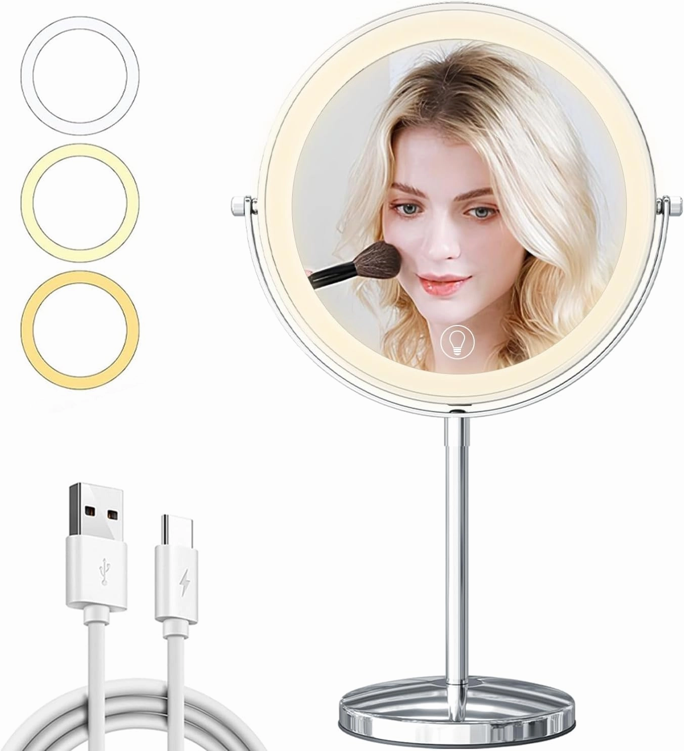 9in Vanity Mirror with Lights, Rechargeable&Dimming Lighted Makeup Mirror, 3X/20X Double Sided Magnifying Mirror,5000mAh,360 Rotate,3 Color Lights,Brightness with 80 LED,No Height Adjustment,Nickel