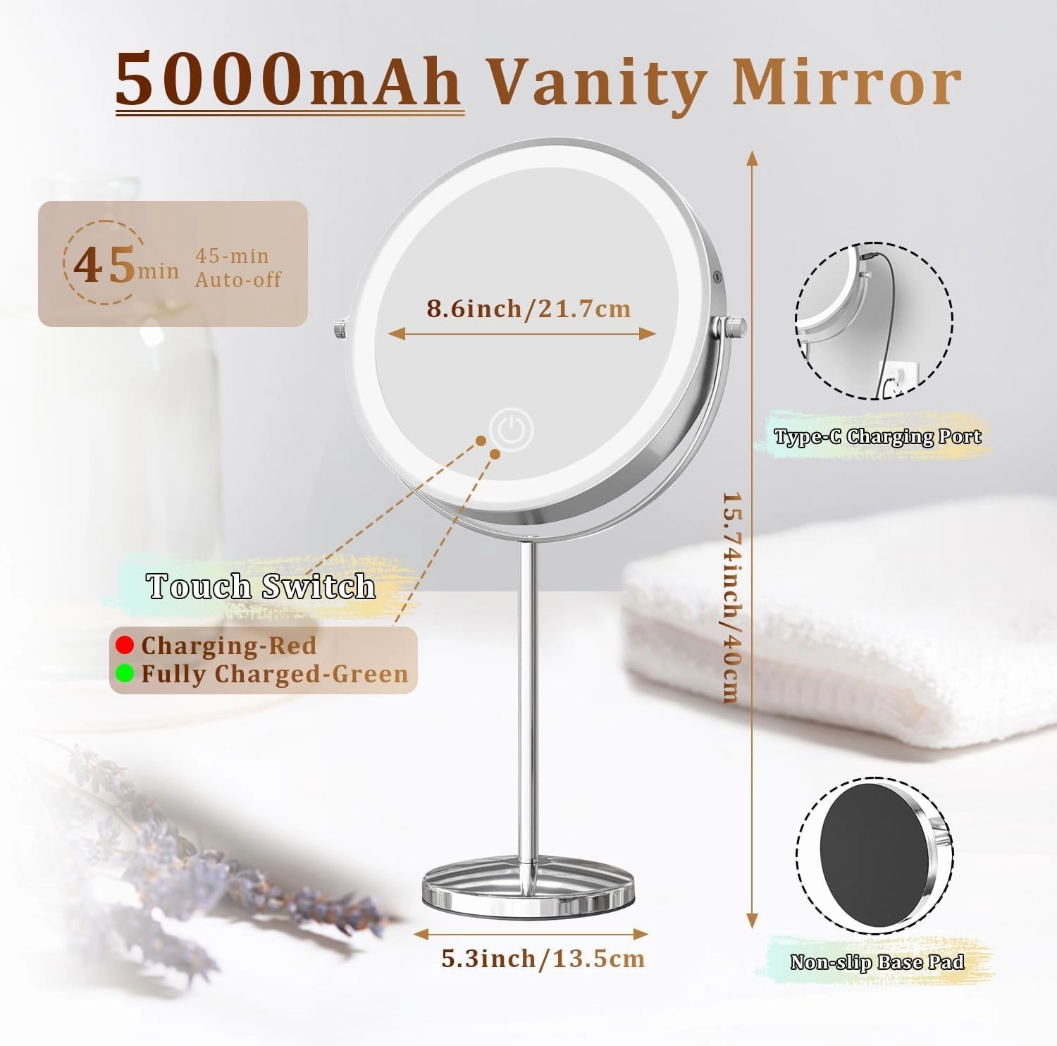 9in Vanity Mirror with Lights, Rechargeable&Dimming Lighted Makeup Mirror, 3X/20X Double Sided Magnifying Mirror,5000mAh,360 Rotate,3 Color Lights,Brightness with 80 LED,No Height Adjustment,Nickel