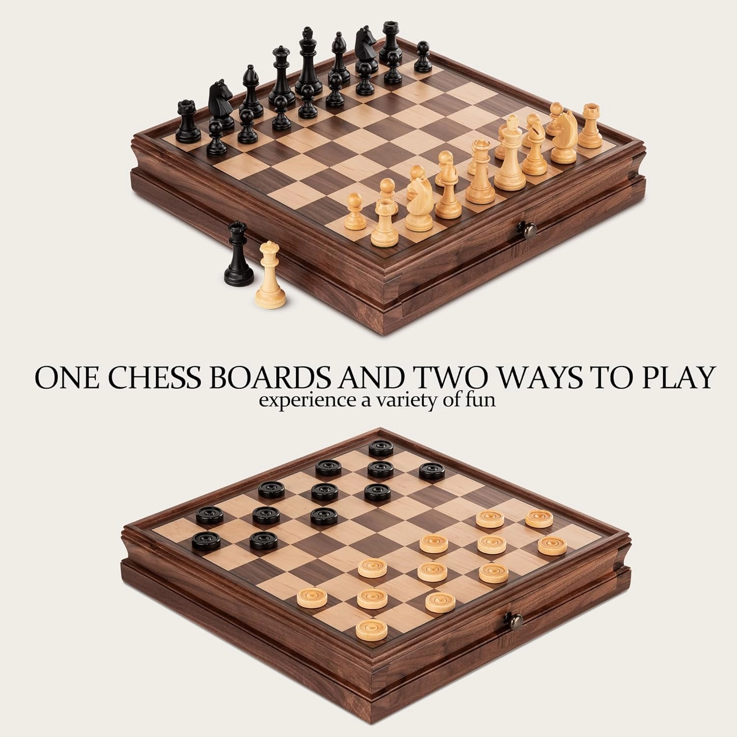 A&A 15 inch Walnut Wooden Chess Sets with Storage Drawer, Triple Weighted Chess Pieces,3.0 inch King Height,Walnut Box,Walnut & Maple Inlay, 2 Extra Queen,Classic 2 in 1 Chess and Checkers Board Games