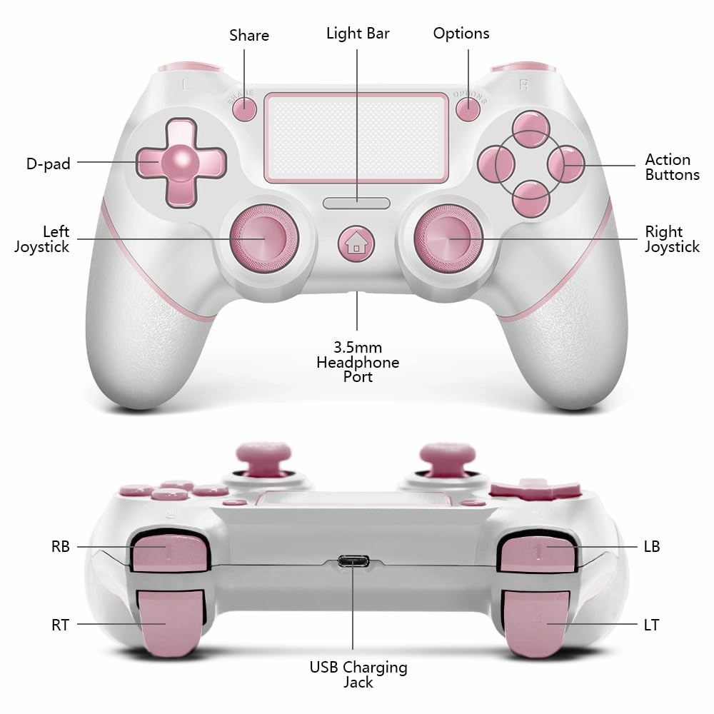 AceGamer Wireless Controller for PS4, Custom Design V2 Gamepad Joystick for PS4 with Non-Slip Grip of Both Sides and 3.5mm Audio Jack! Thumb Caps Included! (Pink-White)