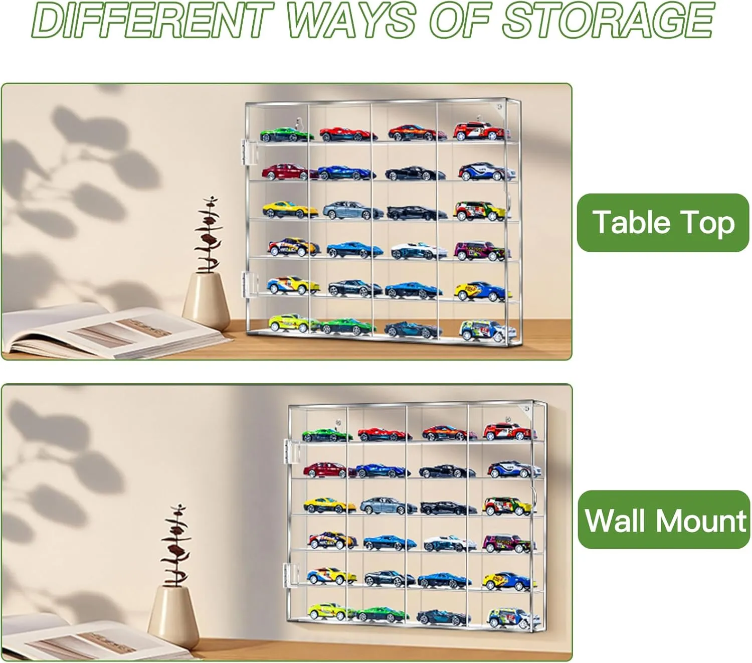 Acrylic Display Case for 1/64 Scale Hot Wheels Storage, 6 Levels 24 Slots Toy Cars Showcase Wall Mount or Desktop, Clear Display Organizer for Diecast Matchbox Model Car Tabletop
