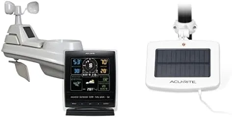 AcuRite Iris (5-in-1) Wireless Weather Station with Solar Power Pack for Indoor and Outdoor Temperature, Humidity, Wind Speed and Direction, and Rainfall with Dark-Themed Digital Display (01517RM)
