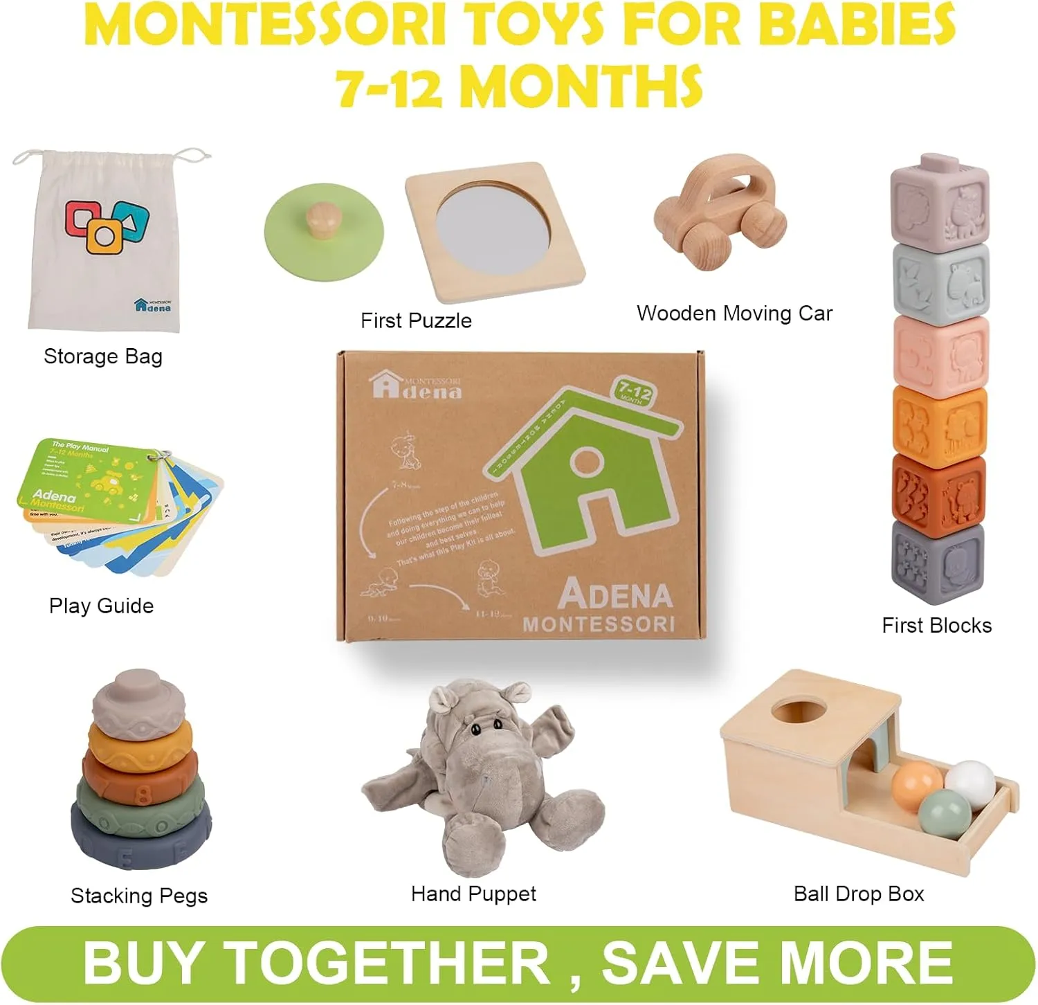 Adena Montessori Play Kit for 7-12 Month Baby,6 in 1 Learning Educational Brain Development Toys for Toddler Includ First Puzzle,Ball Drop Box,Stacking Pegs,First Blocks,Wooden Moving Car,Hand Puppet