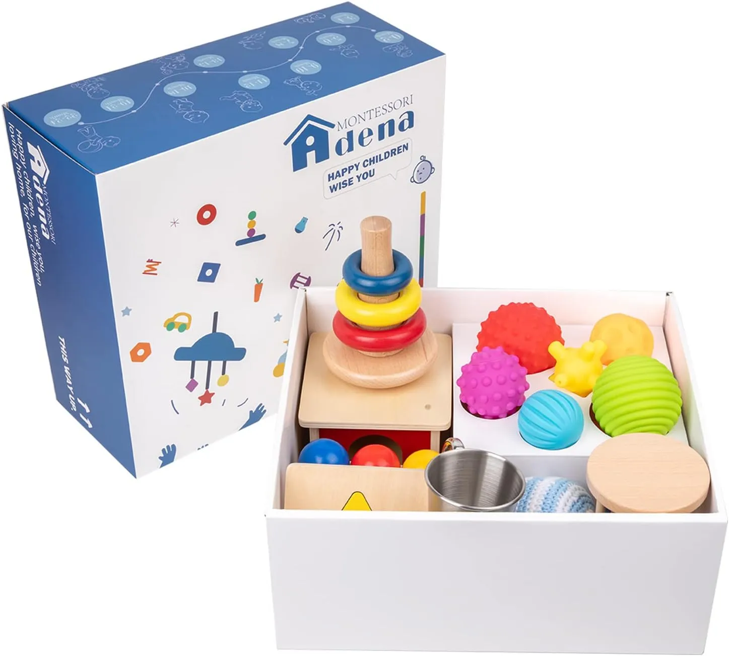 Adena Montessori Play Kit for 7-8 Months Baby,9 in 1 Learning Educational Toys for Toddler,Include Object Permanence Box,Different Balls,Shape Puzzles and More,Christmas Birthday Gift for Boys Girl