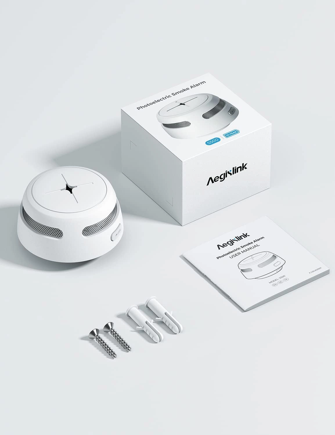 AEGISLINK Smoke Detector 10-Year Battery with Test/Silence Button, Fire Alarm with Photoelectric Sensor, Low Battery Warning, S500 (Independent, 6-Pack)