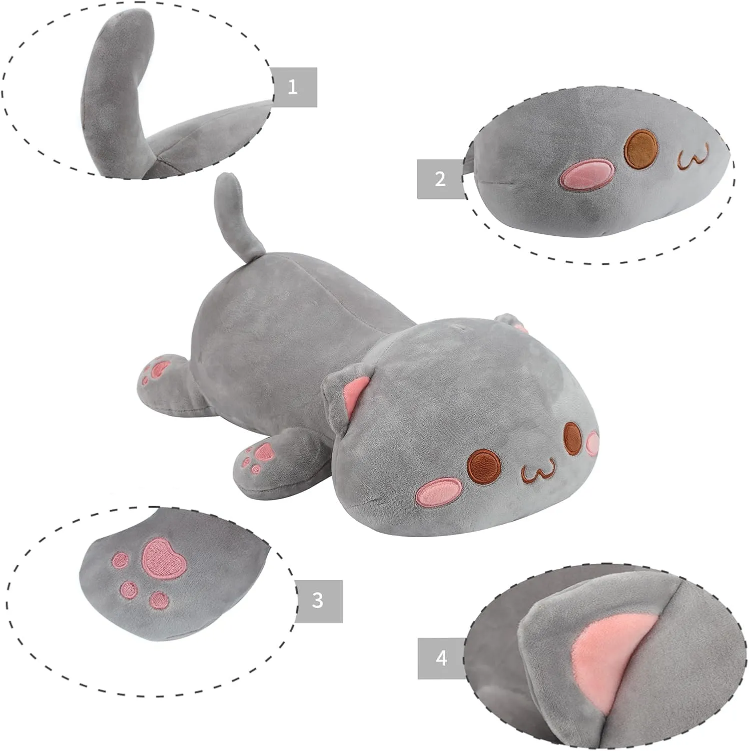 AFAN Cat Stuffed Animals Plush Cute Soft Cat Plush Pillow Toys Kawaii Plushies Room Decor Gifts for Kids Girls Boys (Round Eyes, Grey, 19.6 Inch)