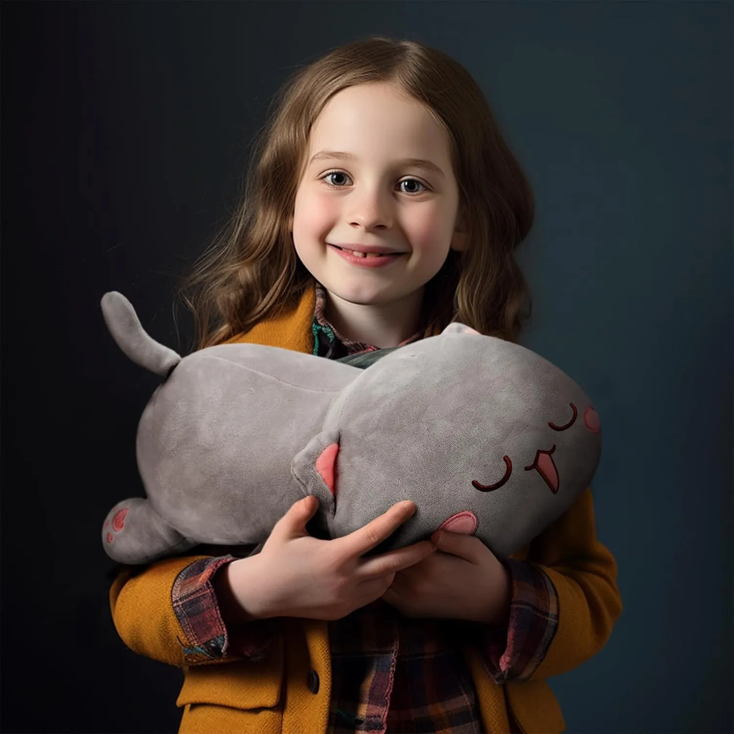 AFAN Cat Stuffed Animals Plush Cute Soft Cat Plush Pillow Toys Kawaii Plushies Room Decor Gifts for Kids Girls Boys (Round Eyes, Grey, 19.6 Inch)