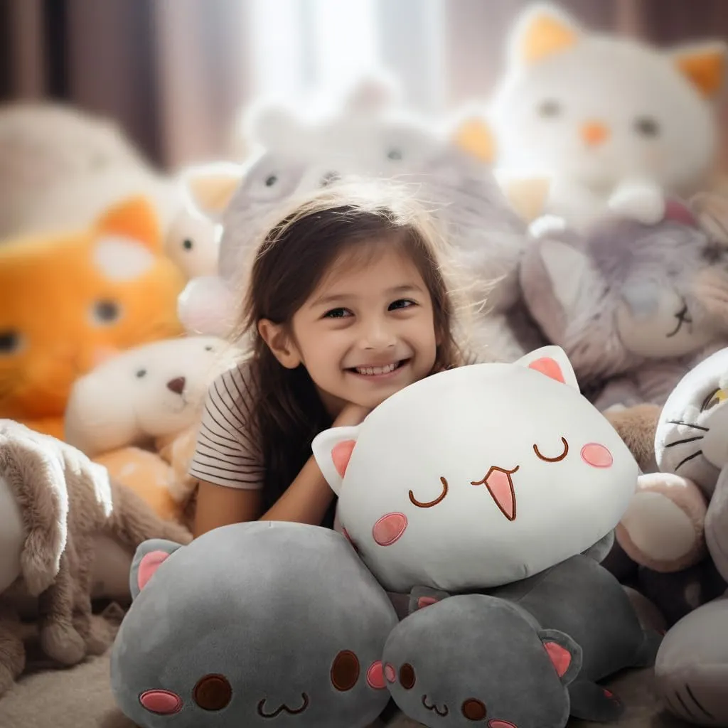 AFAN Cat Stuffed Animals Plush Cute Soft Cat Plush Pillow Toys Kawaii Plushies Room Decor Gifts for Kids Girls Boys (Round Eyes, Grey, 19.6 Inch)