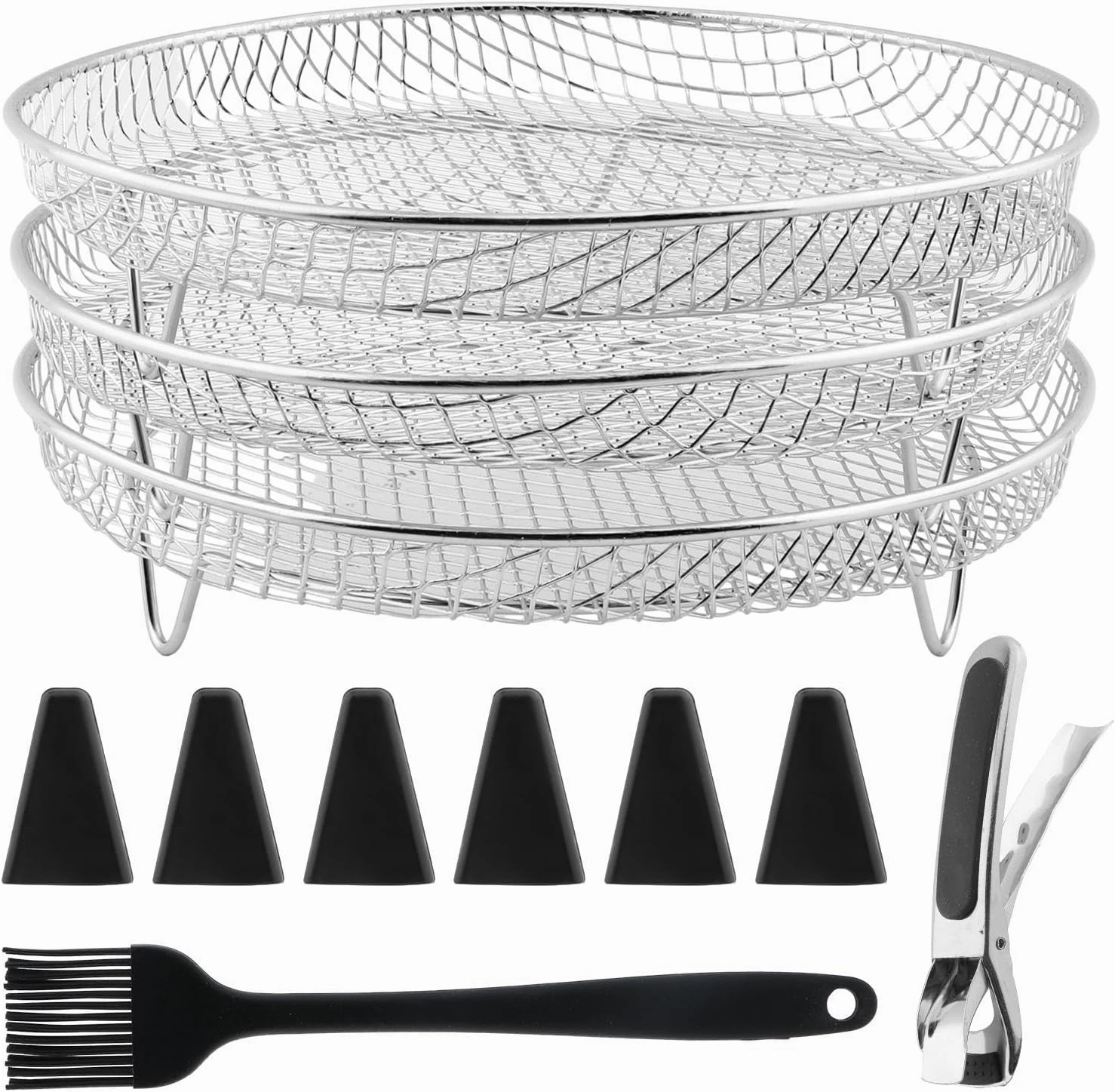 Air Fryer Accessories, 3 Layer Stackable Dehydration Racks, Stainless Steel Air Fryer Basket Tray Dehydration Rack with Oil Brush, Food Clip and Heightening Feet(as Shown)