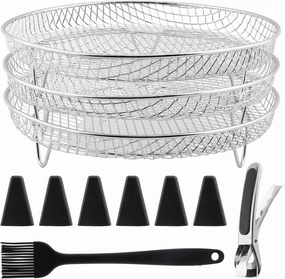 Air Fryer Accessories, 3 Layer Stackable Dehydration Racks, Stainless Steel Air Fryer Basket Tray Dehydration Rack with Oil Brush, Food Clip and Heightening Feet(as Shown)