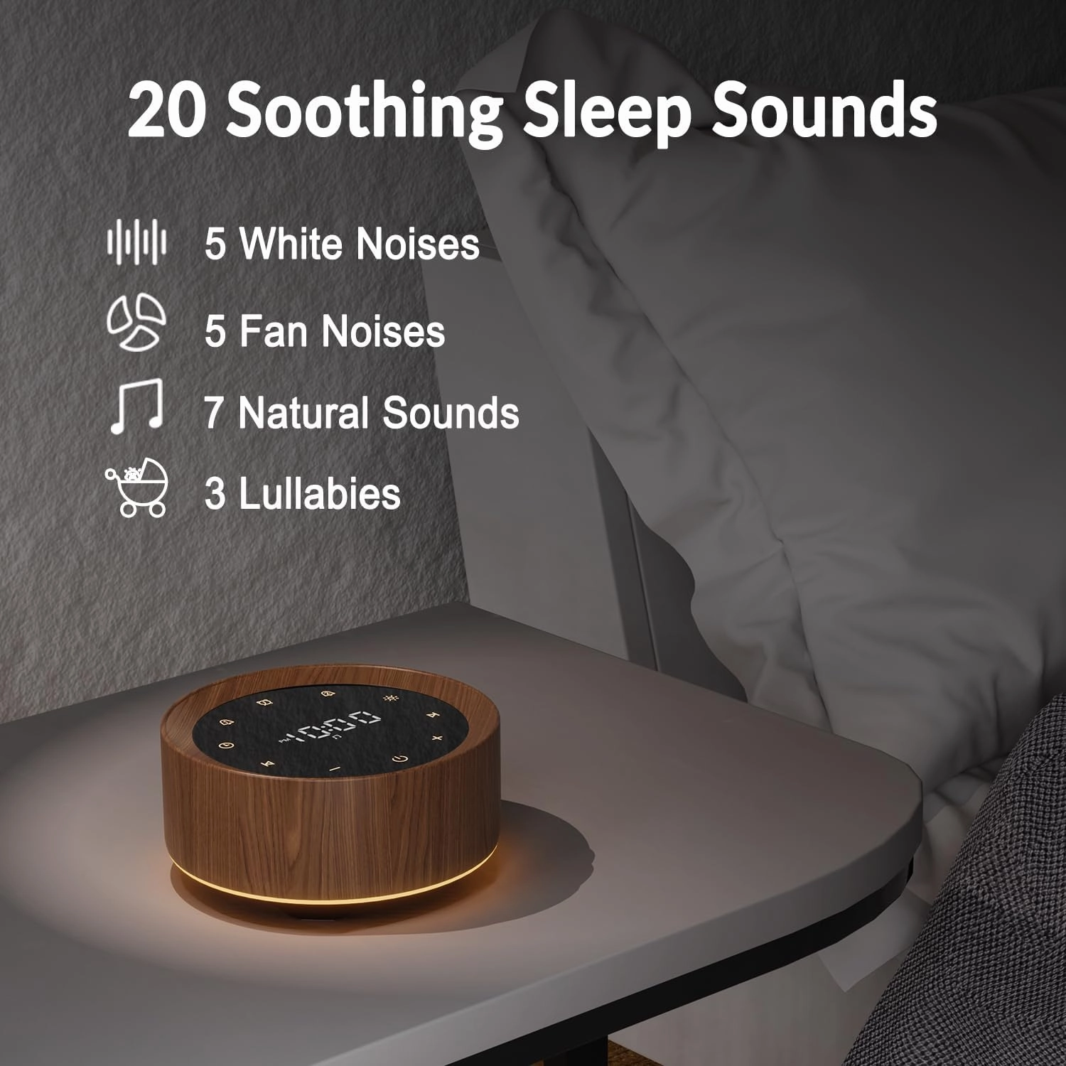 Alarm Clock Sound Machine with Adapter, 20 High Fidelity Soothing Sounds, 7 Color Night Lights, Timer and Memory Function, White Noise for Baby (Wood, Medium)
