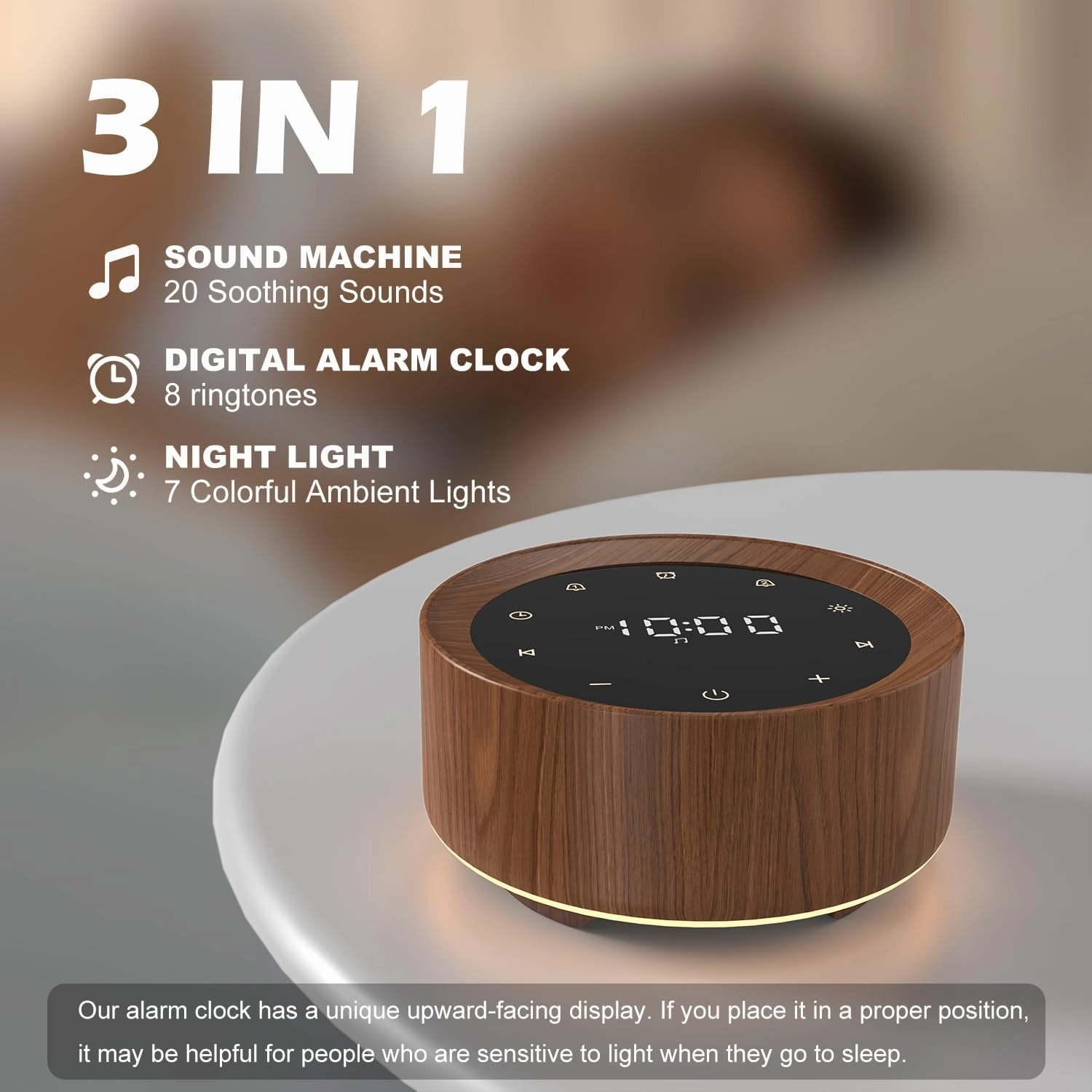 Alarm Clock Sound Machine with Adapter, 20 High Fidelity Soothing Sounds, 7 Color Night Lights, Timer and Memory Function, White Noise for Baby (Wood, Medium)