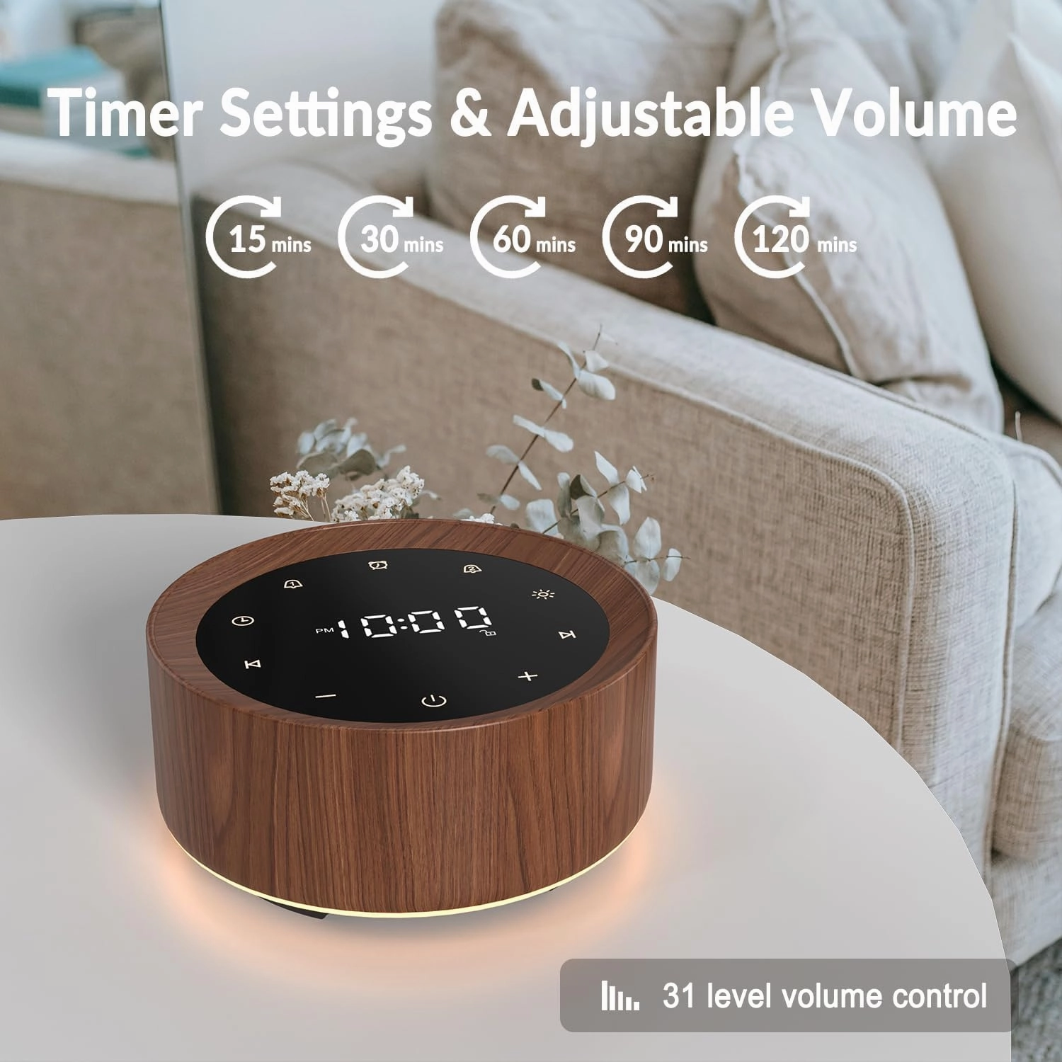 Alarm Clock Sound Machine with Adapter, 20 High Fidelity Soothing Sounds, 7 Color Night Lights, Timer and Memory Function, White Noise for Baby (Wood, Medium)
